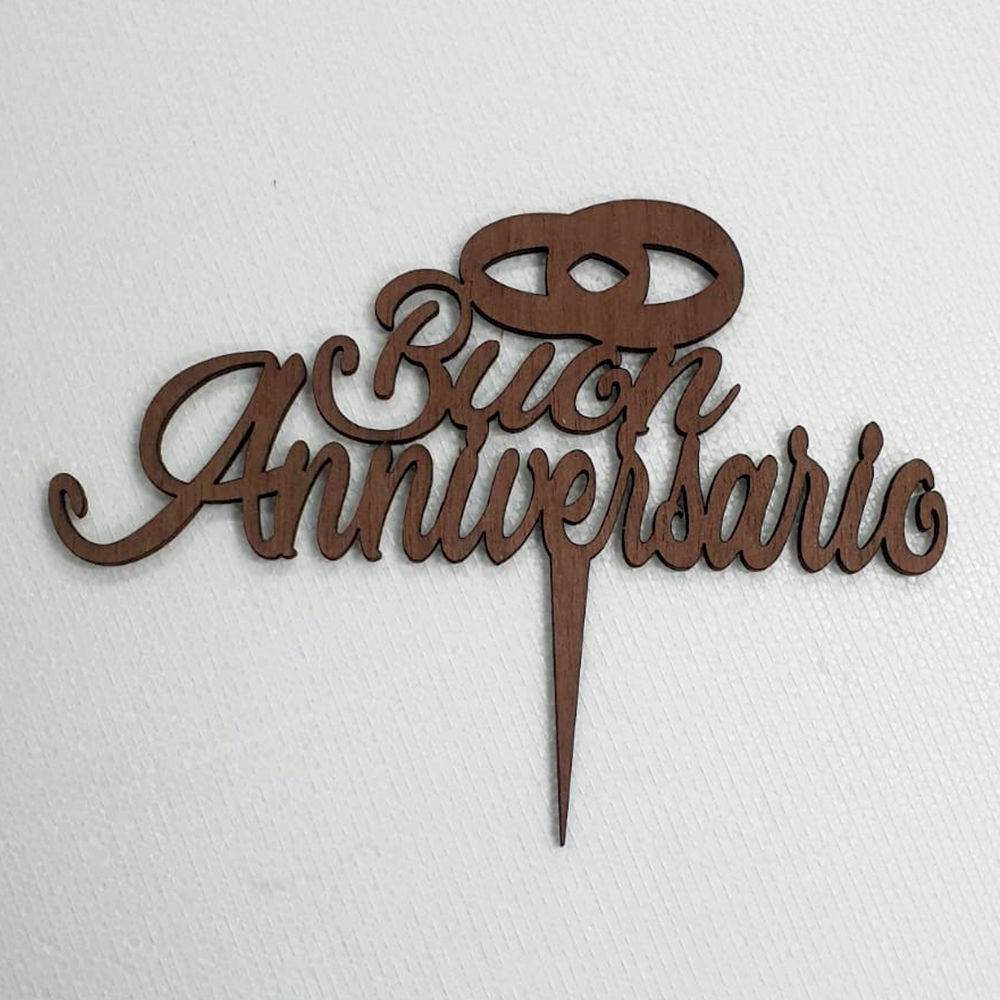 Cake Topper in Legno Scuro Buon Anniversario